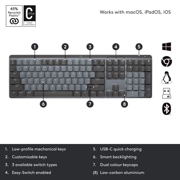 Logitech MX Mechanical hellgrau-dunkelgrau, DE-Layout taktile Schalter Logi Bolt